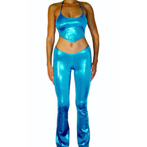 Sexy Metallic Blue 2 Piece Open Back Top/Pants